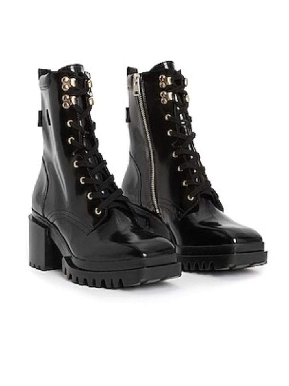 All Saints Black Patent Lace-Up Chunky Heel Boots NEW